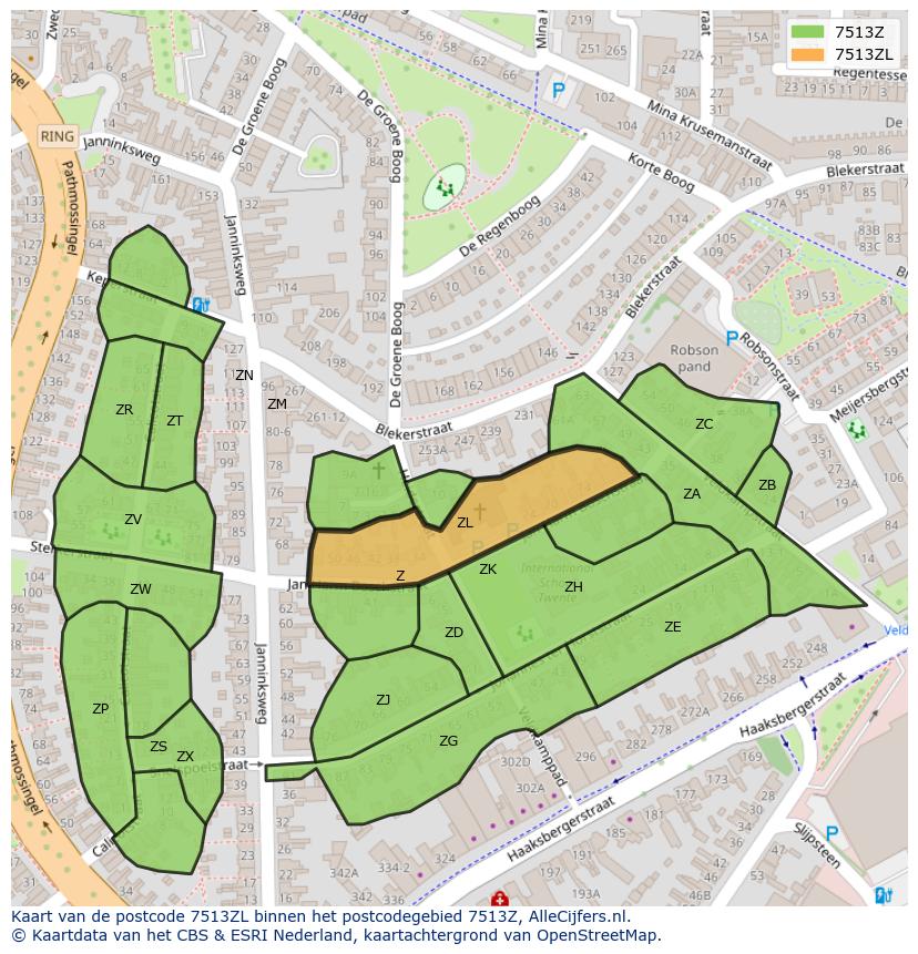 Afbeelding van het postcodegebied 7513 ZL op de kaart.