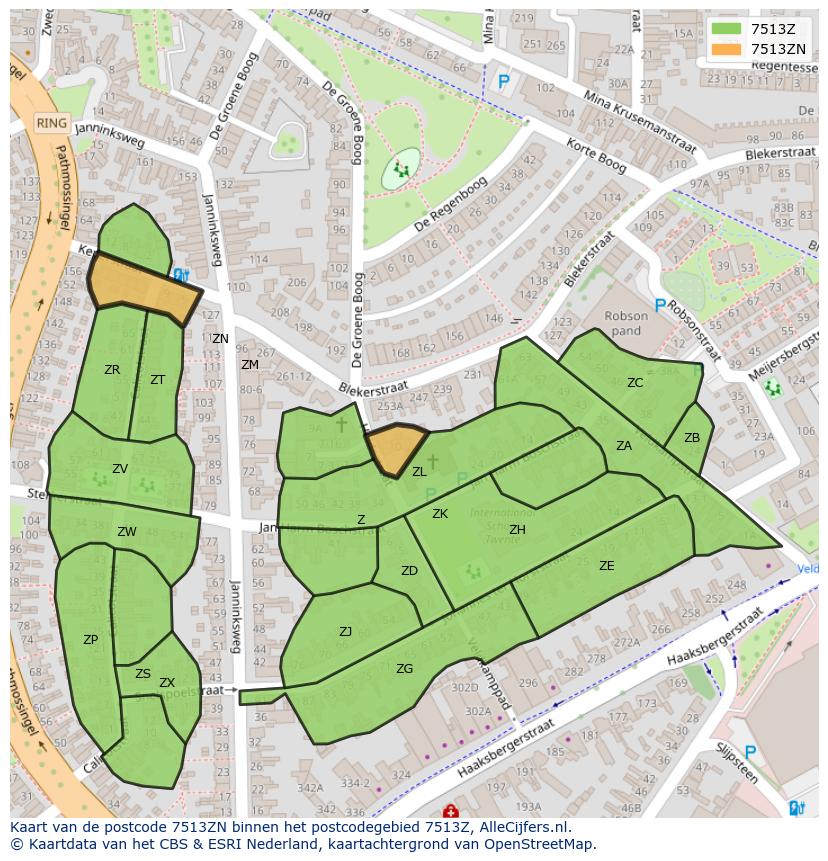 Afbeelding van het postcodegebied 7513 ZN op de kaart.