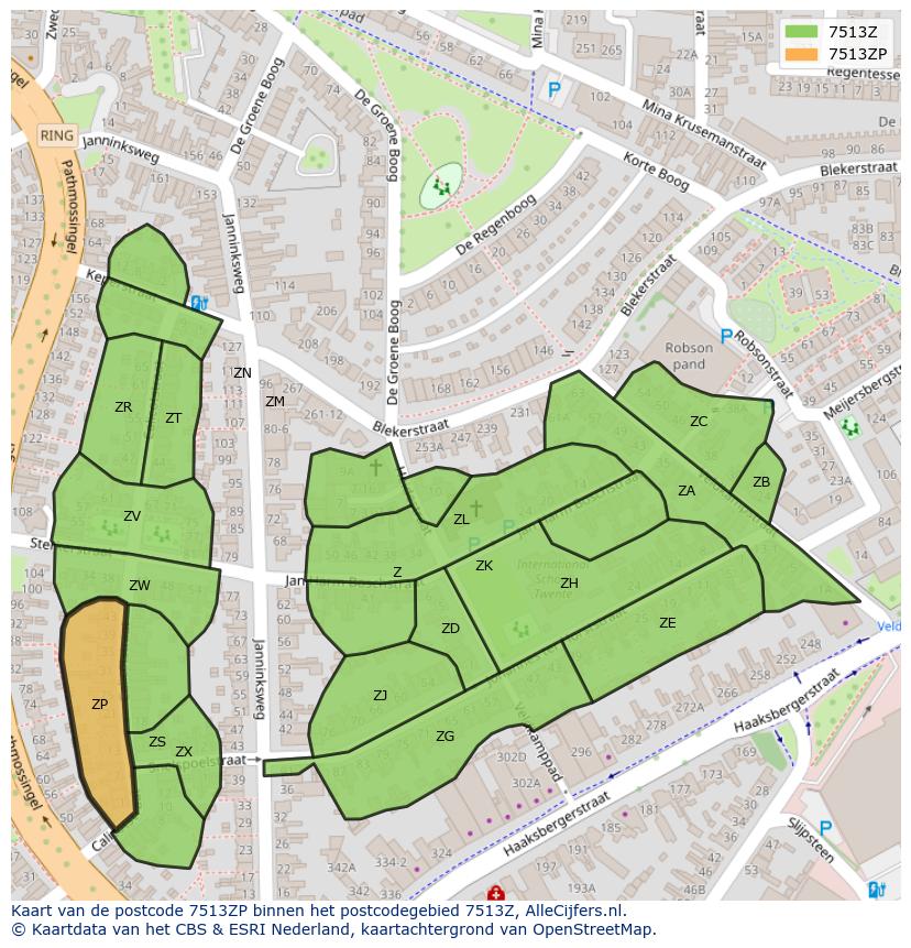Afbeelding van het postcodegebied 7513 ZP op de kaart.