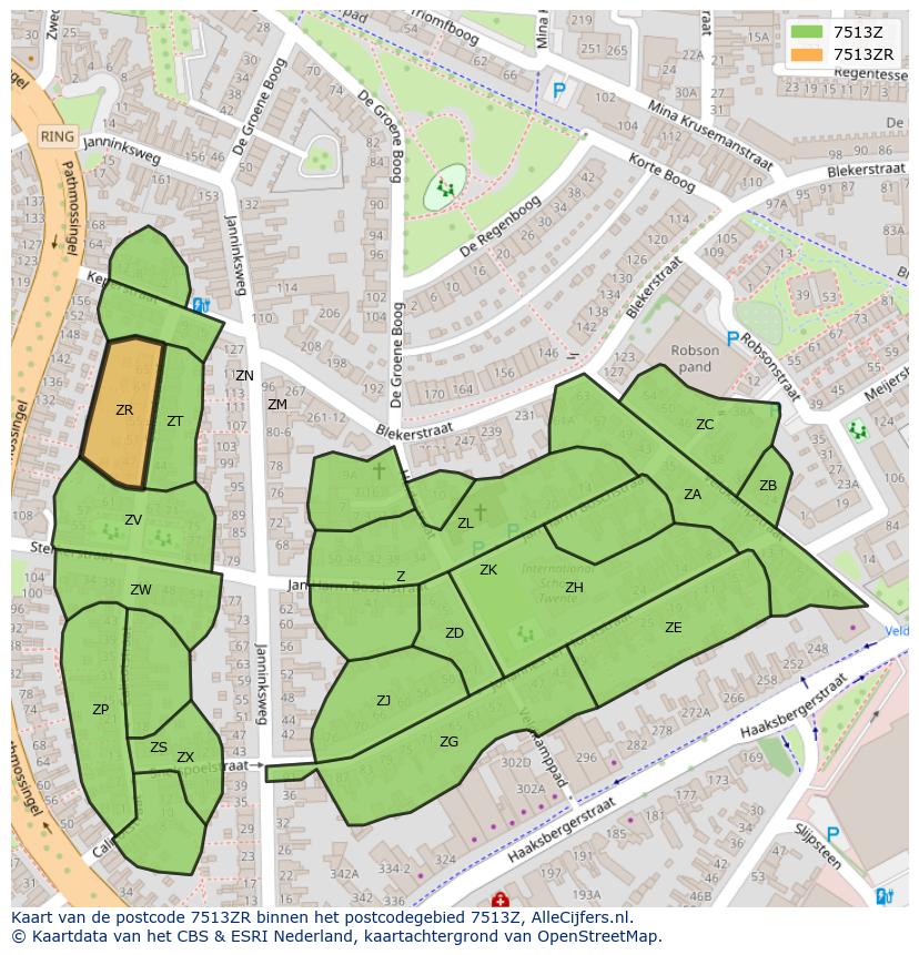 Afbeelding van het postcodegebied 7513 ZR op de kaart.