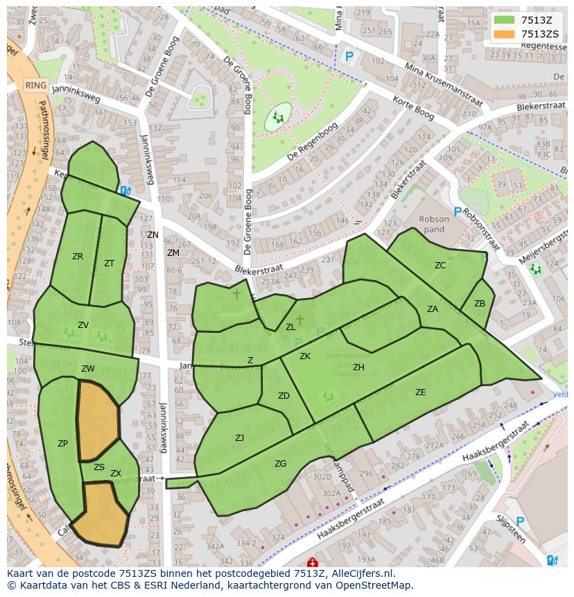 Afbeelding van het postcodegebied 7513 ZS op de kaart.