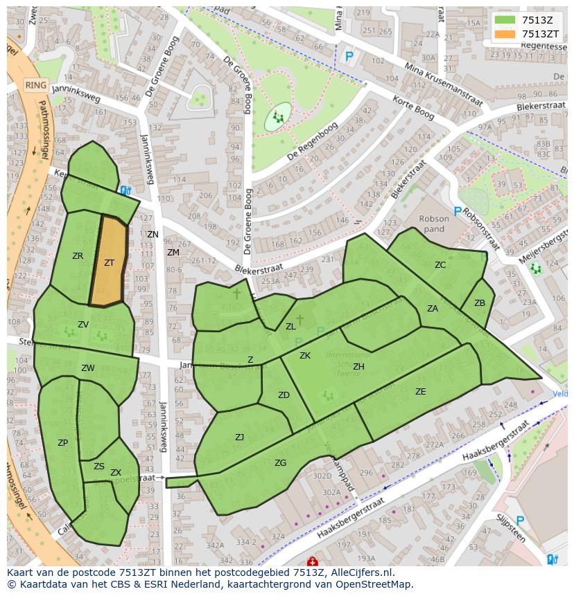 Afbeelding van het postcodegebied 7513 ZT op de kaart.