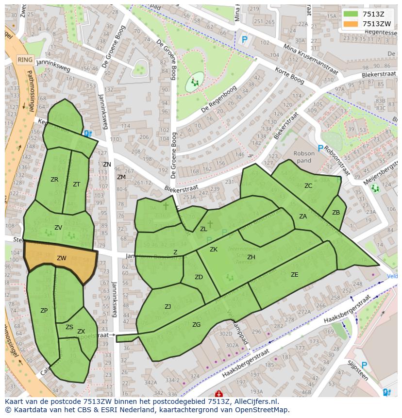 Afbeelding van het postcodegebied 7513 ZW op de kaart.