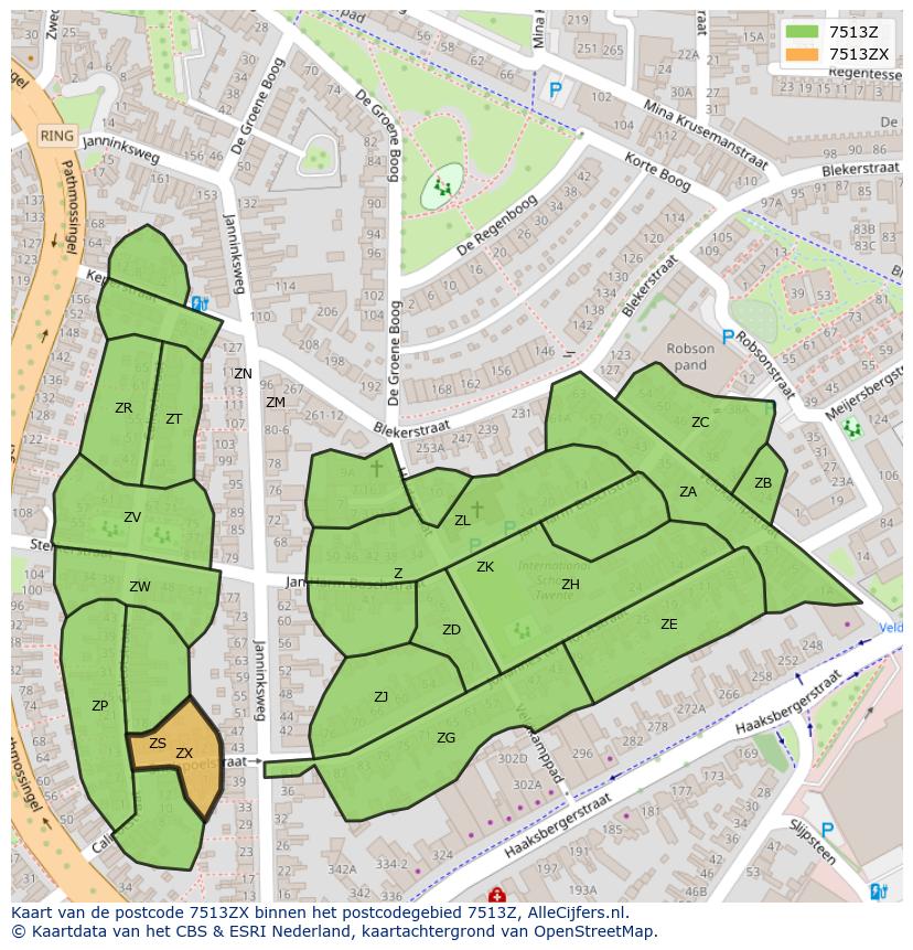 Afbeelding van het postcodegebied 7513 ZX op de kaart.