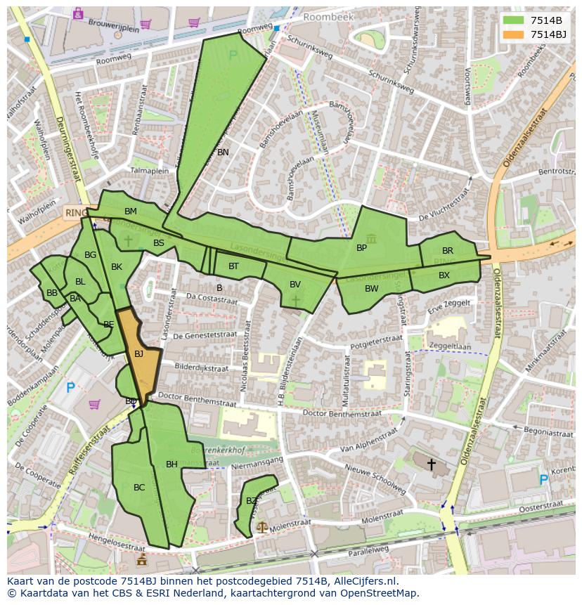 Afbeelding van het postcodegebied 7514 BJ op de kaart.