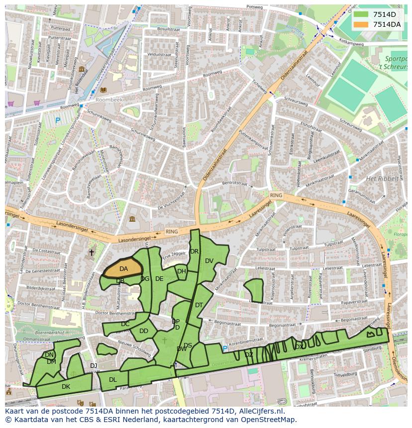 Afbeelding van het postcodegebied 7514 DA op de kaart.