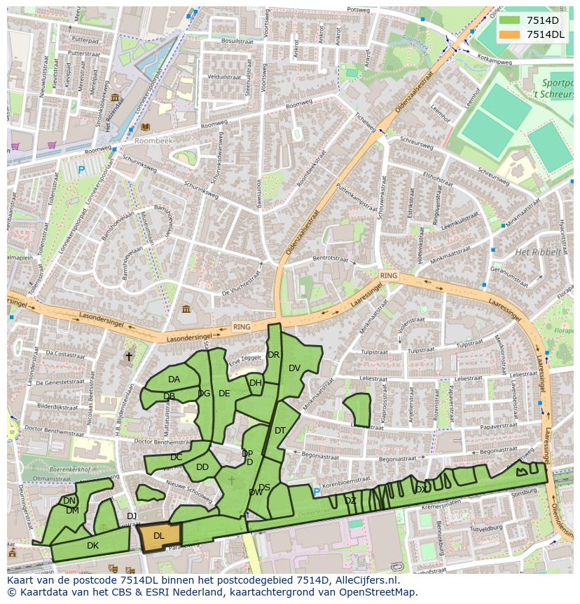 Afbeelding van het postcodegebied 7514 DL op de kaart.