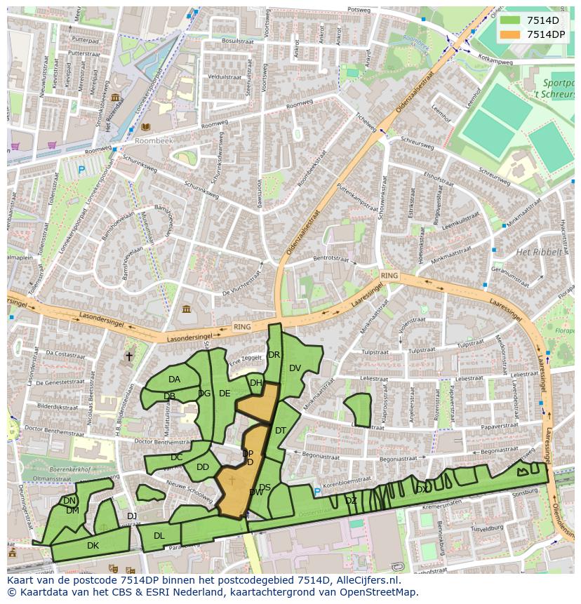 Afbeelding van het postcodegebied 7514 DP op de kaart.
