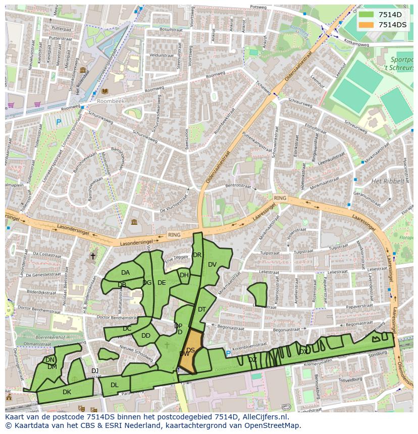 Afbeelding van het postcodegebied 7514 DS op de kaart.