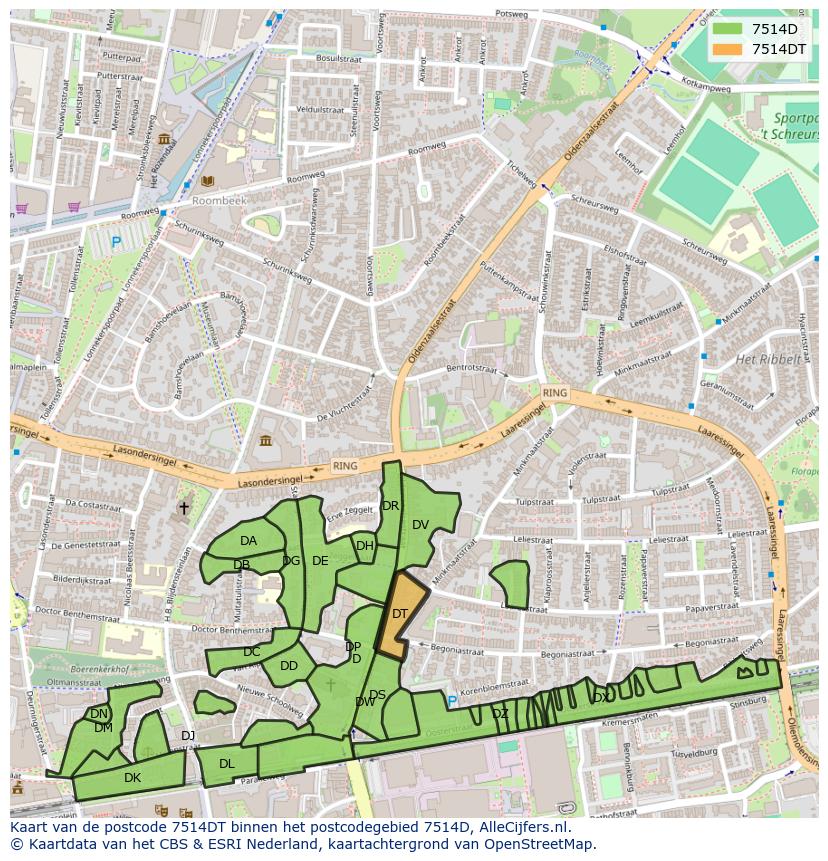 Afbeelding van het postcodegebied 7514 DT op de kaart.