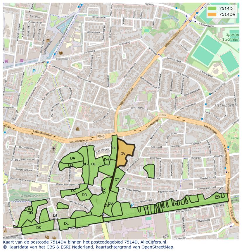 Afbeelding van het postcodegebied 7514 DV op de kaart.