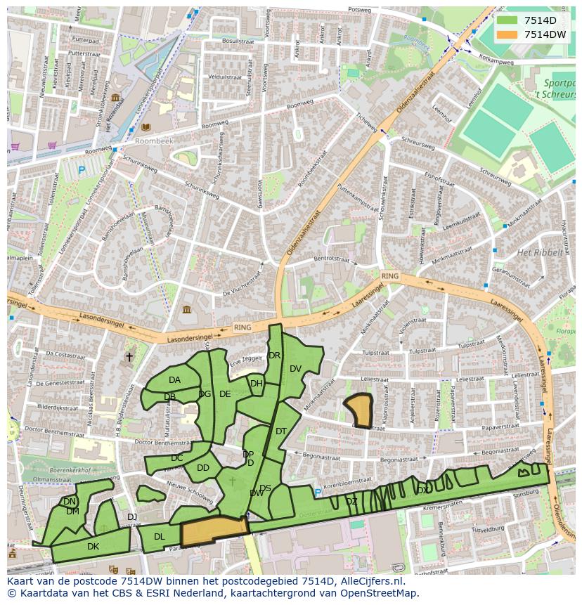 Afbeelding van het postcodegebied 7514 DW op de kaart.