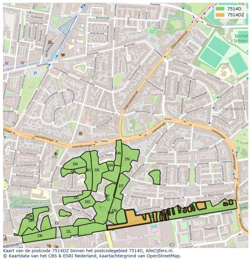 Afbeelding van het postcodegebied 7514 DZ op de kaart.