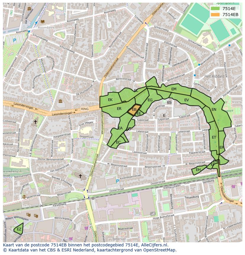 Afbeelding van het postcodegebied 7514 EB op de kaart.