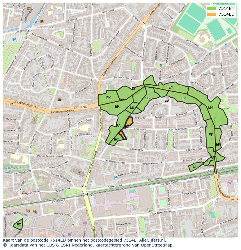 Afbeelding van het postcodegebied 7514 ED op de kaart.