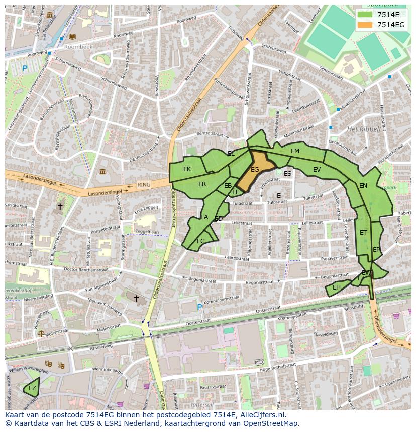 Afbeelding van het postcodegebied 7514 EG op de kaart.