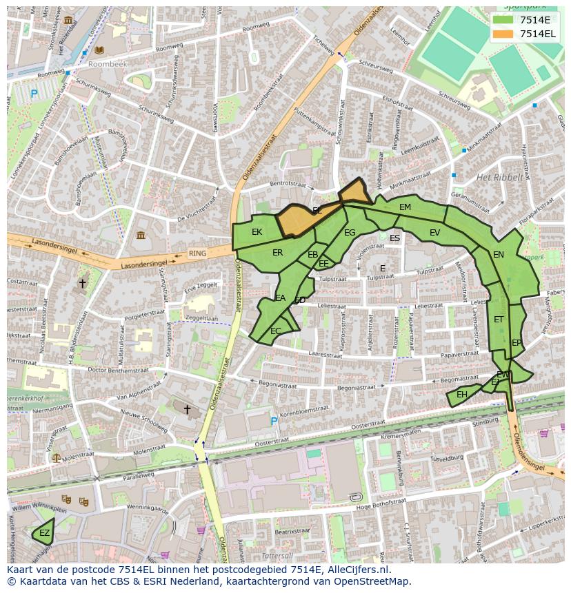 Afbeelding van het postcodegebied 7514 EL op de kaart.