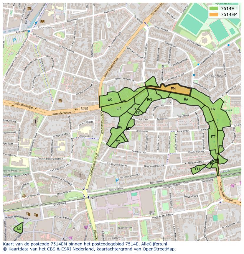Afbeelding van het postcodegebied 7514 EM op de kaart.