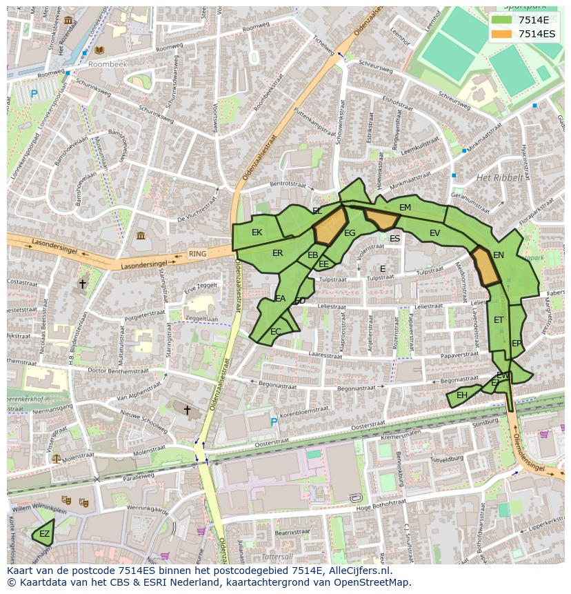 Afbeelding van het postcodegebied 7514 ES op de kaart.