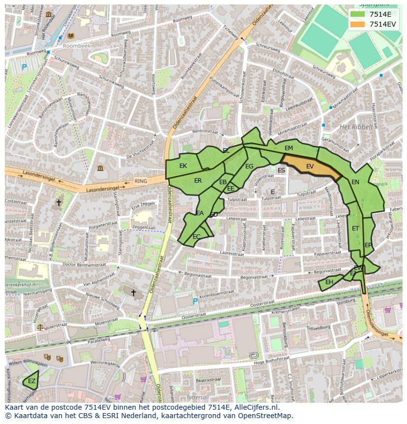 Afbeelding van het postcodegebied 7514 EV op de kaart.