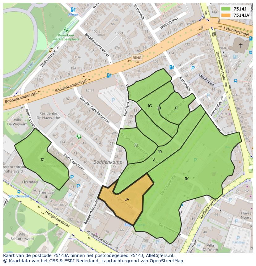 Afbeelding van het postcodegebied 7514 JA op de kaart.