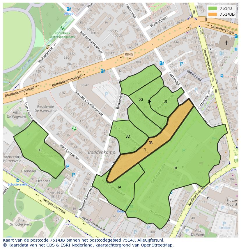 Afbeelding van het postcodegebied 7514 JB op de kaart.