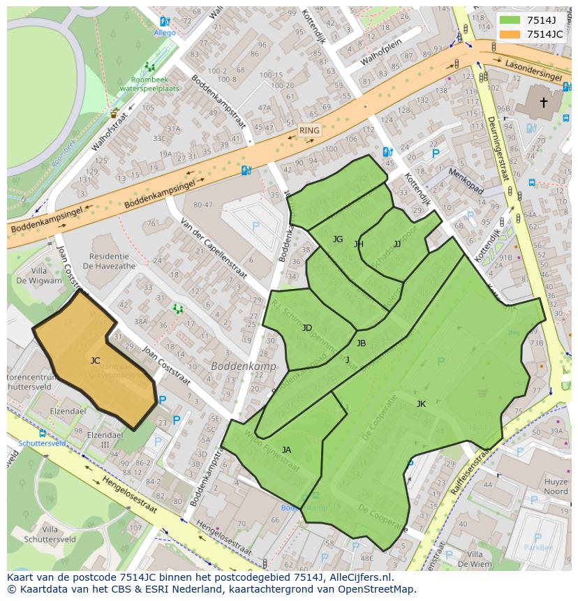 Afbeelding van het postcodegebied 7514 JC op de kaart.