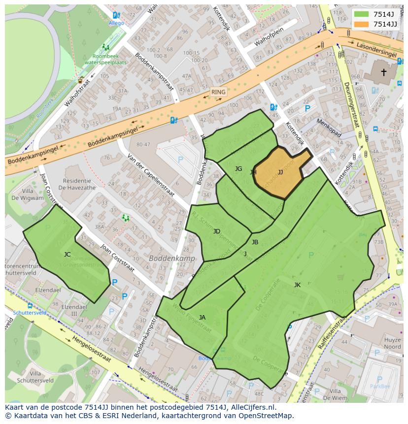 Afbeelding van het postcodegebied 7514 JJ op de kaart.