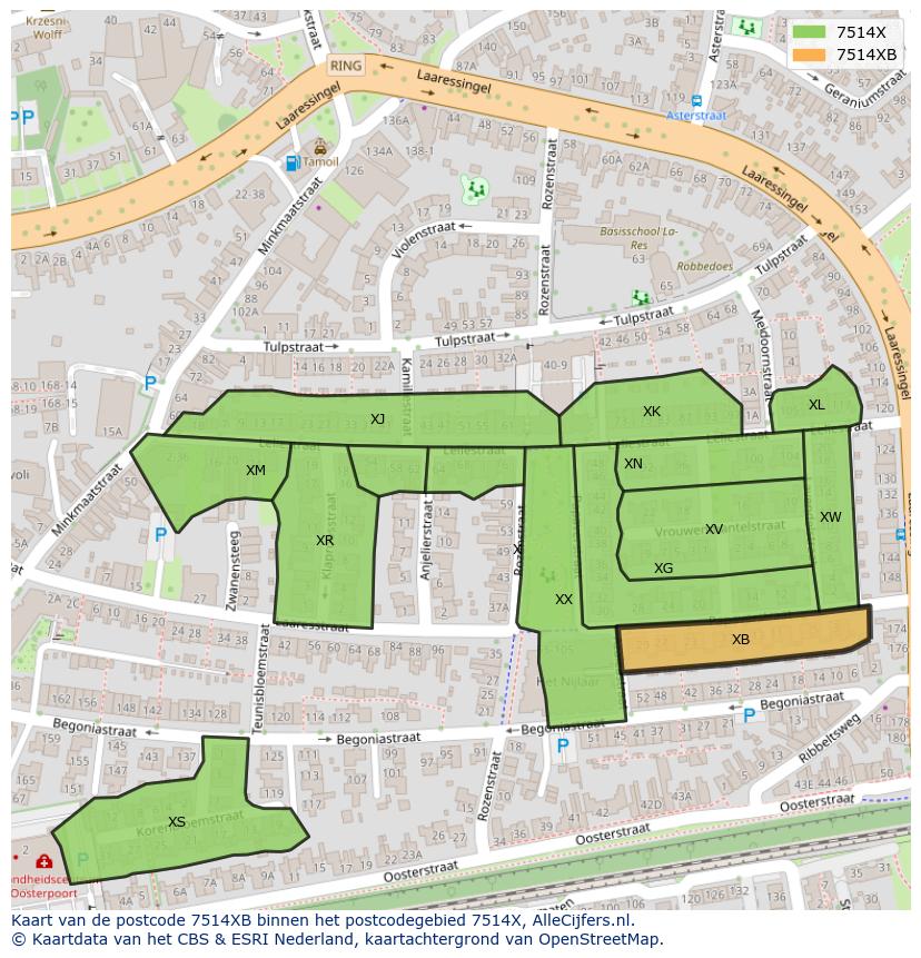 Afbeelding van het postcodegebied 7514 XB op de kaart.