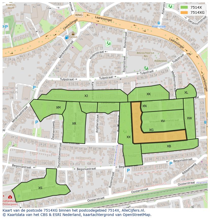 Afbeelding van het postcodegebied 7514 XG op de kaart.