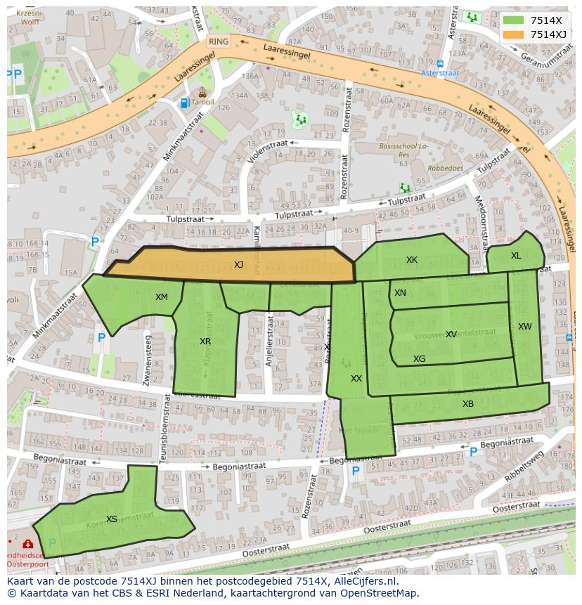 Afbeelding van het postcodegebied 7514 XJ op de kaart.