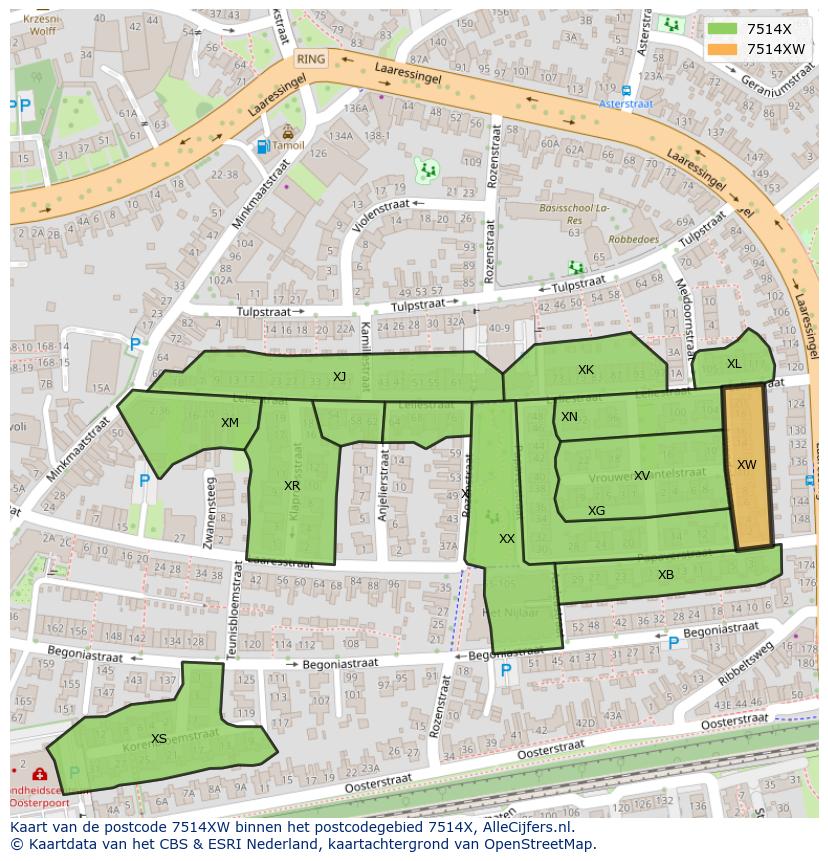 Afbeelding van het postcodegebied 7514 XW op de kaart.