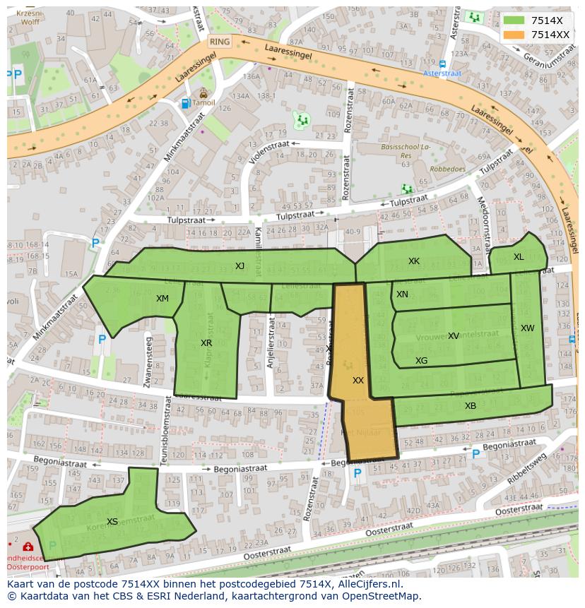 Afbeelding van het postcodegebied 7514 XX op de kaart.