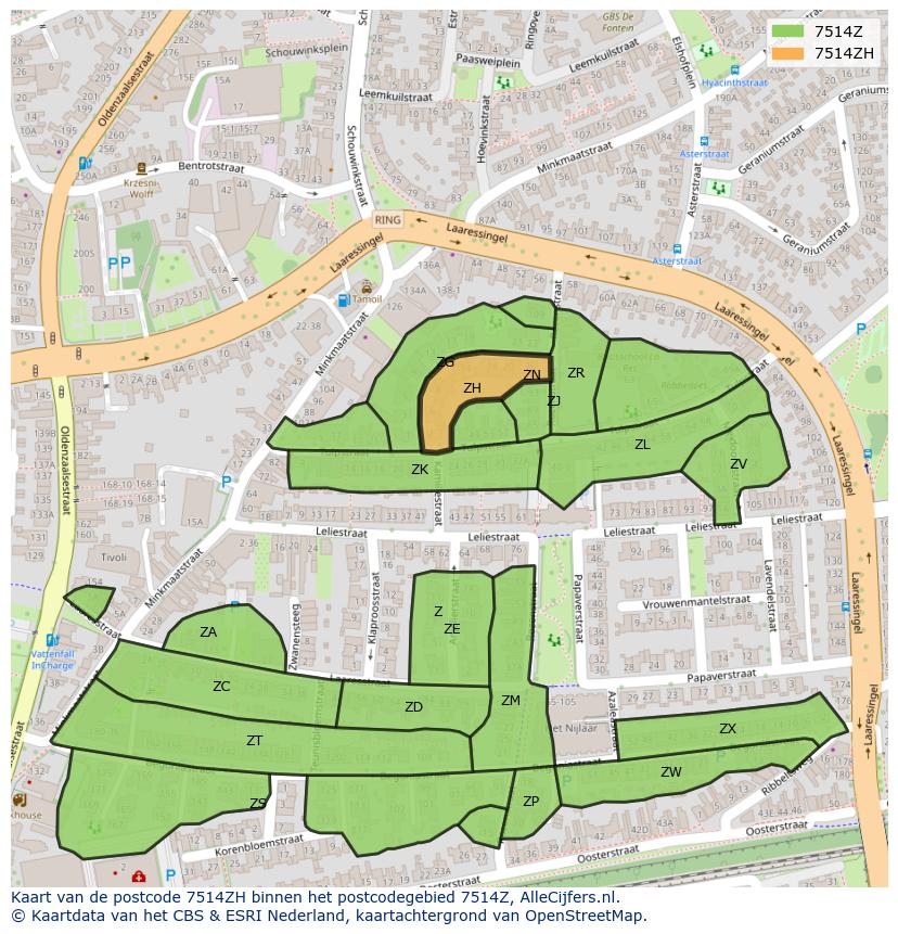 Afbeelding van het postcodegebied 7514 ZH op de kaart.