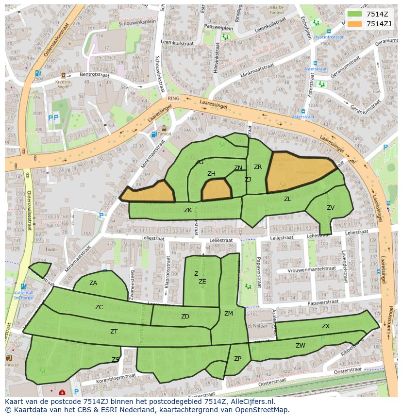 Afbeelding van het postcodegebied 7514 ZJ op de kaart.