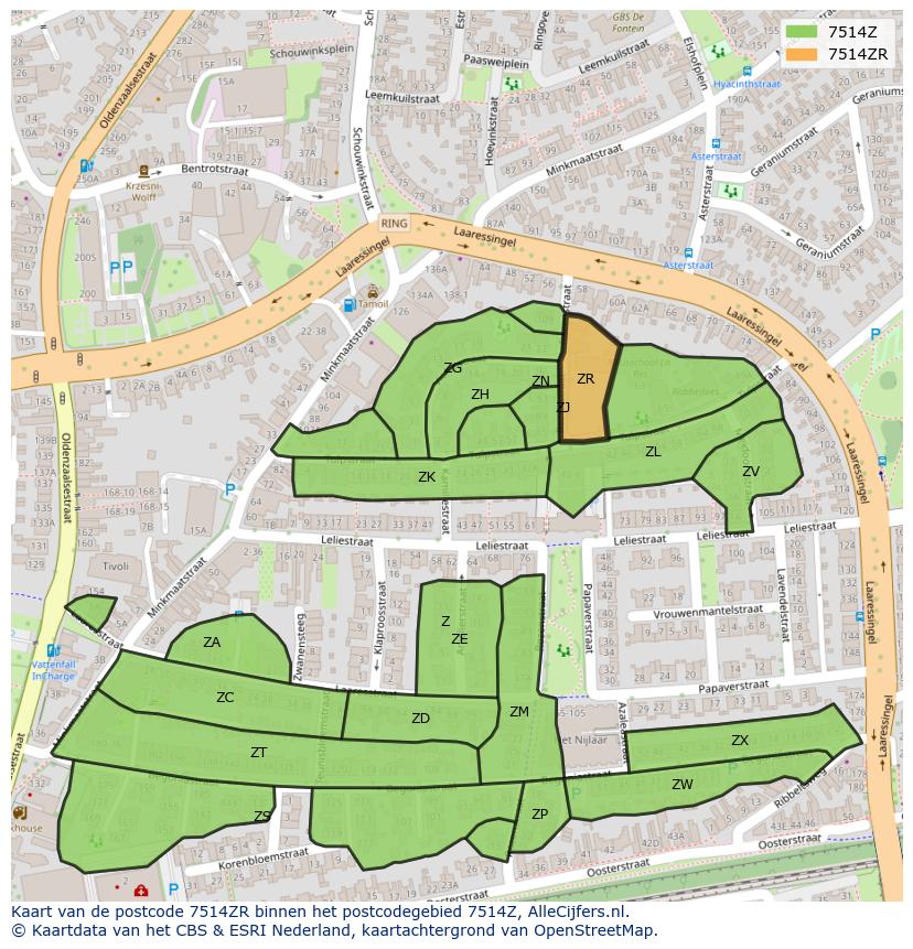 Afbeelding van het postcodegebied 7514 ZR op de kaart.