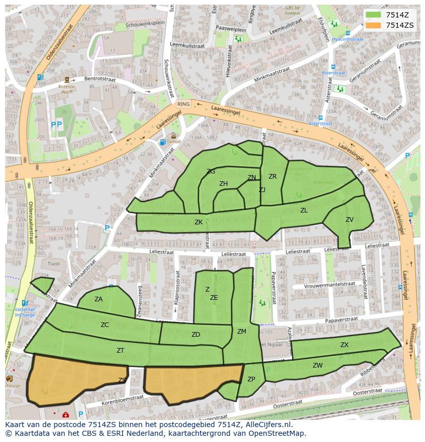 Afbeelding van het postcodegebied 7514 ZS op de kaart.