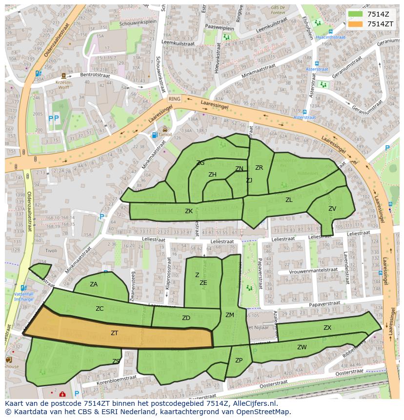 Afbeelding van het postcodegebied 7514 ZT op de kaart.