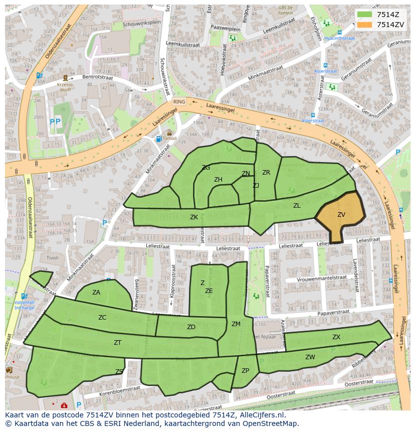 Afbeelding van het postcodegebied 7514 ZV op de kaart.