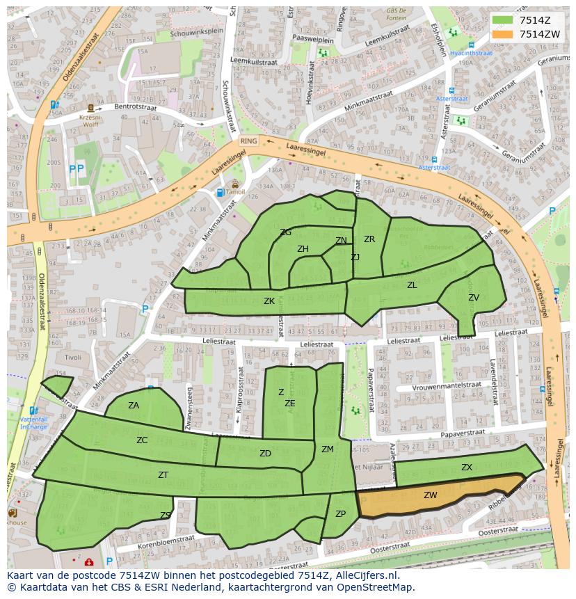 Afbeelding van het postcodegebied 7514 ZW op de kaart.