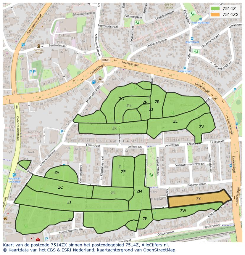 Afbeelding van het postcodegebied 7514 ZX op de kaart.