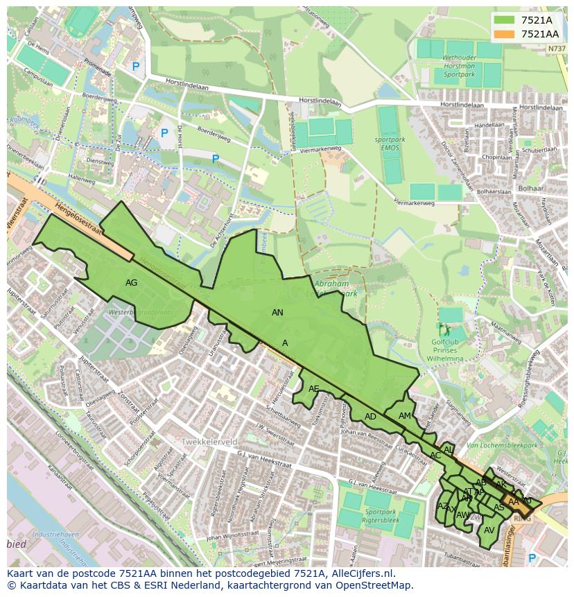 Afbeelding van het postcodegebied 7521 AA op de kaart.