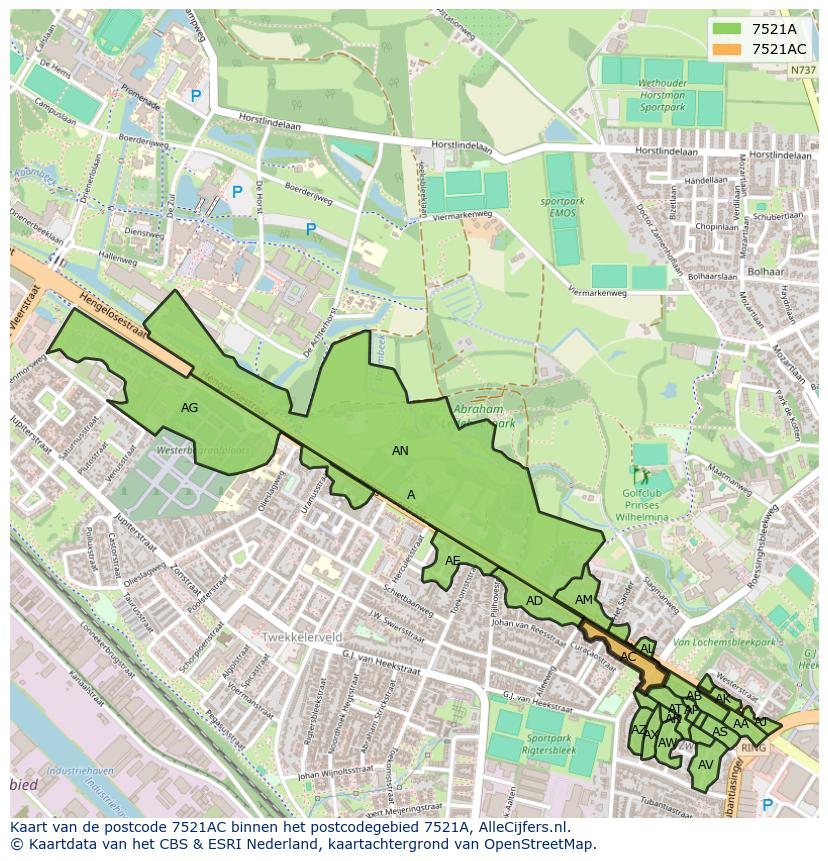 Afbeelding van het postcodegebied 7521 AC op de kaart.