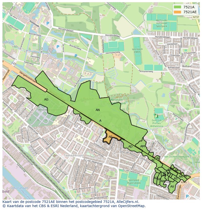 Afbeelding van het postcodegebied 7521 AE op de kaart.
