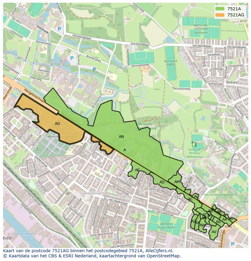 Afbeelding van het postcodegebied 7521 AG op de kaart.