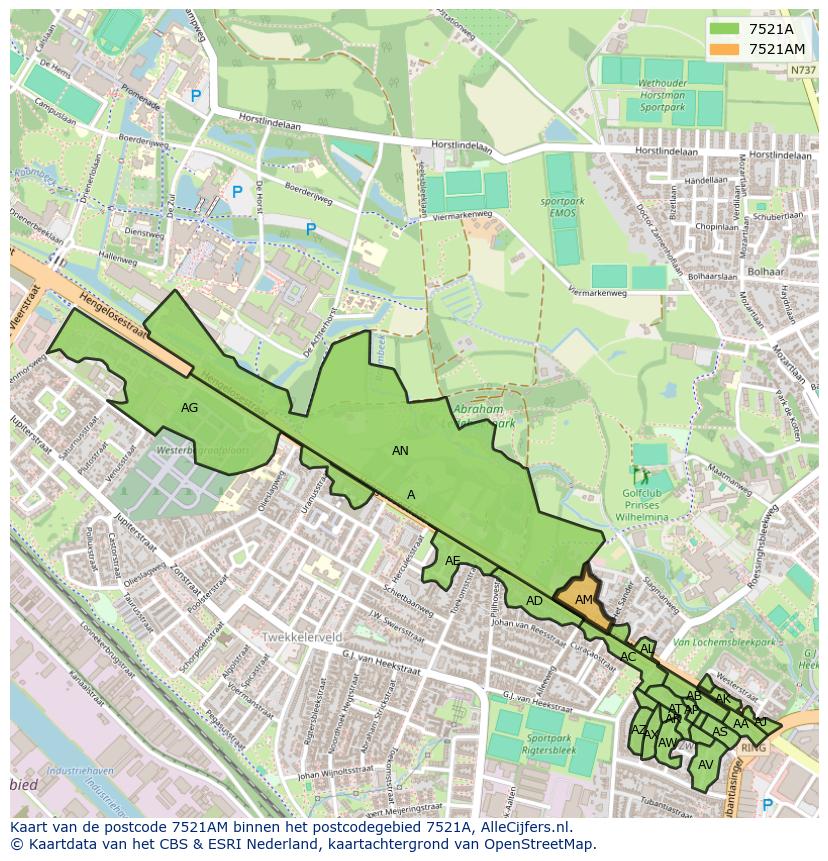 Afbeelding van het postcodegebied 7521 AM op de kaart.
