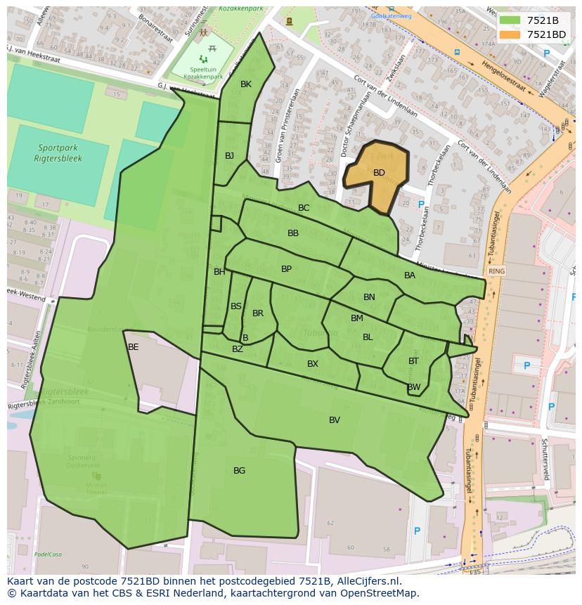 Afbeelding van het postcodegebied 7521 BD op de kaart.