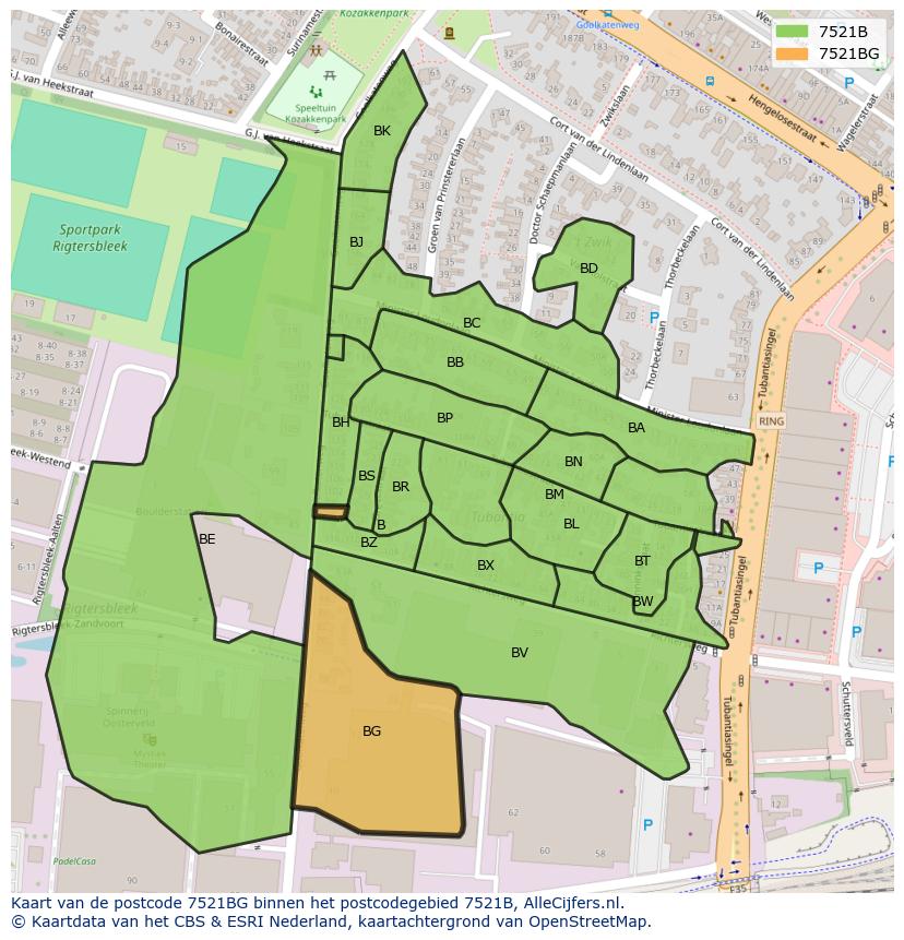 Afbeelding van het postcodegebied 7521 BG op de kaart.