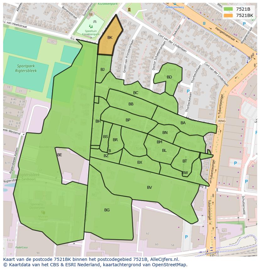 Afbeelding van het postcodegebied 7521 BK op de kaart.