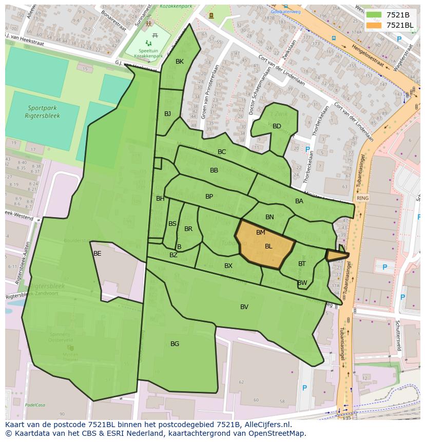 Afbeelding van het postcodegebied 7521 BL op de kaart.
